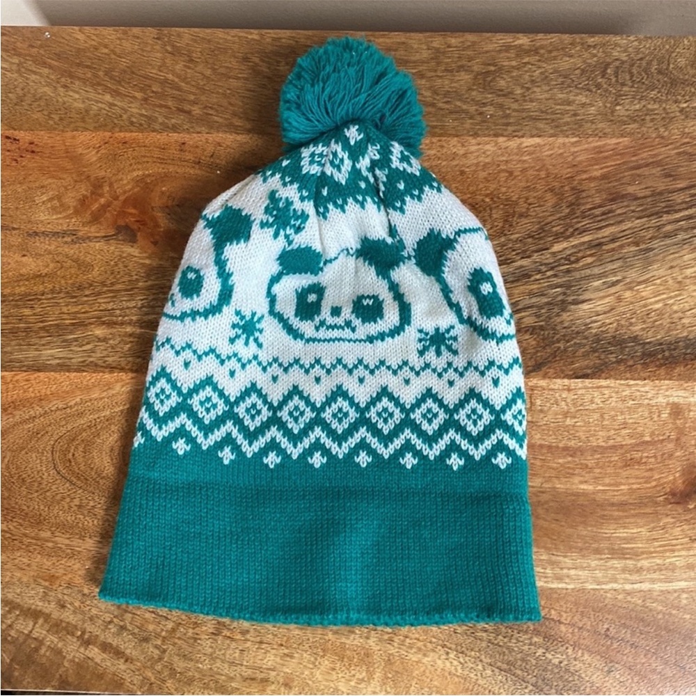 VTG 80’S Green Panda Bear Knit Knitted Pom Pom Winter Hat Beanie - Picture 3 of 14
